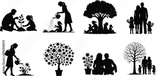 Black silhouette of birds in vintage birdcages hanging from a tree branch with leaves for interior wall art decoration nature and freedom concept designs