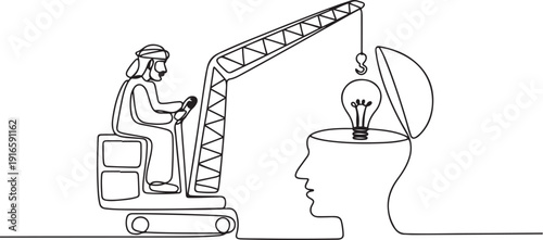 Single continuous line drawing Arab man controls crane inserts lightbulb into big open silhouette of a head. How to control the mind. National Creativity Day. one line Icon drawing