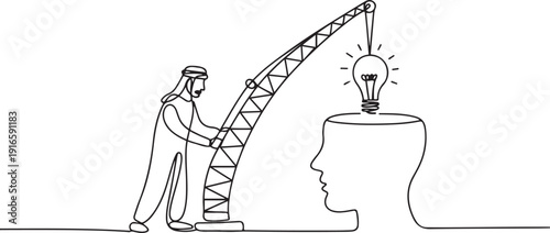 Single continuous line drawing Arab man controls crane inserts lightbulb into big open silhouette of a head. How to control the mind. National Creativity Day. one line Icon drawing