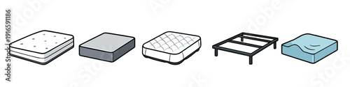 Collection of different mattress types and a bed frame, isolated on white background