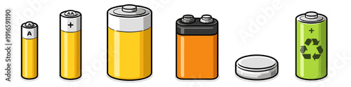 Collection of various battery types and sizes, including AA, AAA, 9V, and coin cells