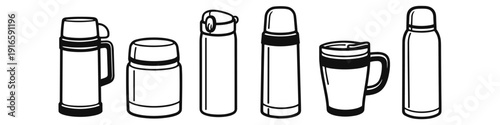 Collection of various insulated containers for hot and cold beverages and food