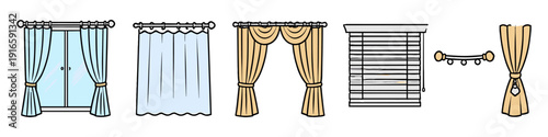 Collection of various window treatments including curtains, drapes, and blinds