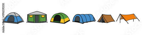 Collection of diverse camping tents and shelters in a simple cartoon style