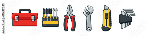 Collection of various hand tools including a toolbox, screwdrivers, pliers, wrench, cutter, and hex keys