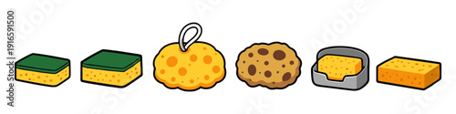 Collection of cartoon sponges for cleaning and washing dishes, various shapes and colors