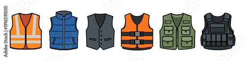 Collection of diverse vests including safety, puffer, formal, life, tactical, and utility styles