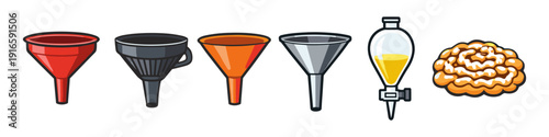 Collection of funnels and a separatory funnel with yellow liquid and a brain illustration