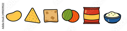 Collection of cartoon snacks including chips, crackers, and dip