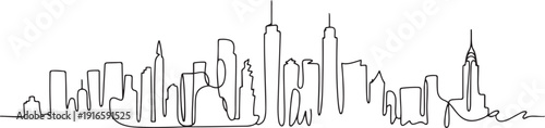 Single continuous line drawing of New York city skyline, USA. Famous city scraper and landscape. World travel concept home wall decor poster print art. one line Icon drawing