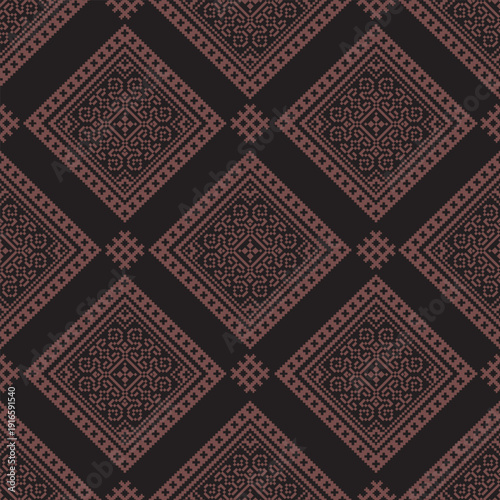 Elegant geometric pattern inspired by traditional tribal motifs blended harmoniously with Thai textile elements. The refined contrast of deep black and soft pink tones creates a modern yet culturally 