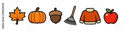 Autumnal icons featuring a maple leaf, pumpkin, acorn, rake, sweater, and apple