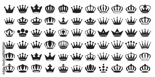 Royal gold crowns set collection luxury authority and monarchy symbols on white background isolated