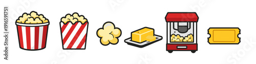 Movie night essentials: popcorn, butter, machine, and ticket icons for entertainment