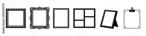 Collection of diverse picture frames and display options in a clean vector illustration
