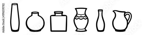 Collection of diverse ceramic vases and a pitcher in a simple line art style
