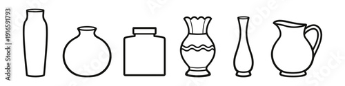 Collection of diverse ceramic vases and a pitcher in a simple line art style