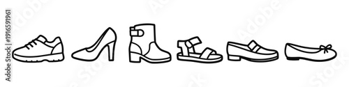 Collection of diverse footwear icons including sneakers, heels, boots, sandals, loafers, and flats