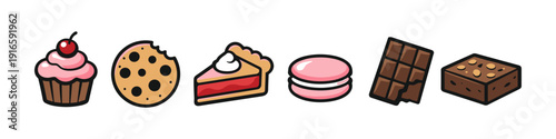 Collection of delicious cartoon desserts including cupcake, cookie, pie, macaron, chocolate bar, and brownie