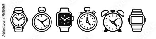 Collection of diverse watch icons including analog, digital, and alarm clock styles