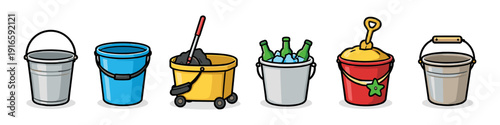 Collection of diverse buckets for various purposes, including cleaning, beach, and drinks