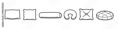 Collection of various pillow types and shapes in a simple line art style