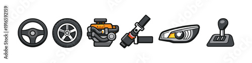 Collection of car parts icons including steering wheel, tire, engine, seatbelt, headlight, and gear shifter