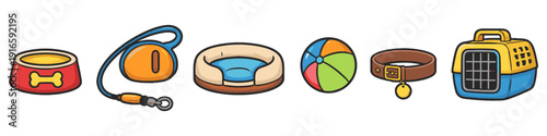 Collection of cartoon dog accessories including a leash, bed, bowl, ball, collar, and carrier