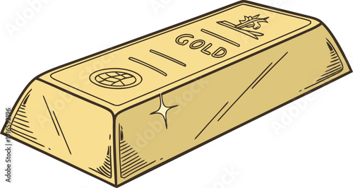 Stylized Single Gold Bar Shining Brightly - Illustration Symbolizing Financial Success, Investment, and Value Isolated white background