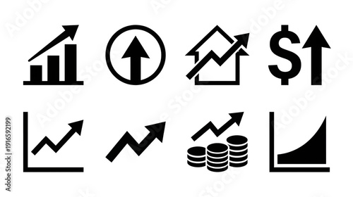 Business Growth and Financial Success Icons Collection Black Silhouettes