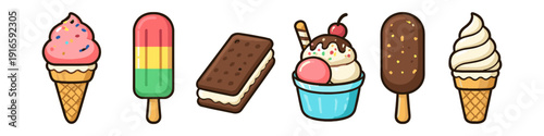 Collection of delicious frozen desserts including ice cream cones, popsicles, and ice cream sandwiches