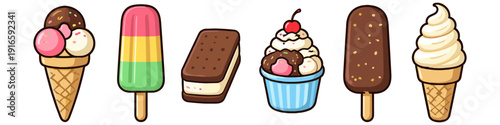 Collection of assorted frozen desserts including ice cream cones, popsicles, and sandwiches