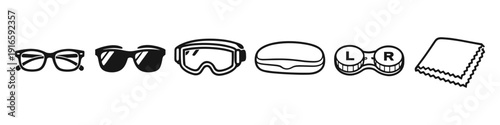 Collection of eyewear and accessories including glasses, sunglasses, goggles, and contact lens case