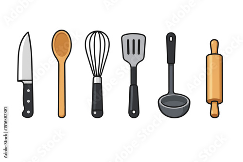 Collection of essential kitchen utensils for cooking and baking, illustrated in a clean style