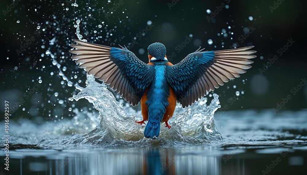 Obraz premium Kingfisher bird splashes water as it dives into river for fish. Bird wings spread wide, colorful feathers gleam. Nature wildlife scene, action shot.