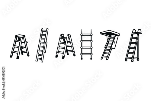 Collection of diverse ladder types illustrated in a simple, clean line art style