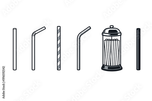 Collection of various drinking straws and a dispenser, isolated on white background
