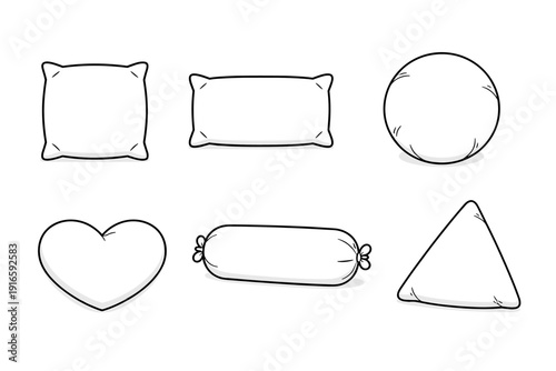 Collection of six different shaped pillows and cushions in a simple line art style
