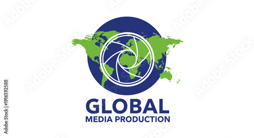 Global Media Production Logo with World Map and Camera Lens.