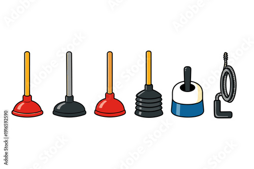 Collection of various plungers and a drain snake for plumbing and cleaning tasks