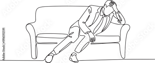 Single one line drawing unhappy businessman sad tired sleepy mood resting on sofa. Frustrated worker holding his head lying on sofa. Stressed and anxiety on failure. one line Icon drawing