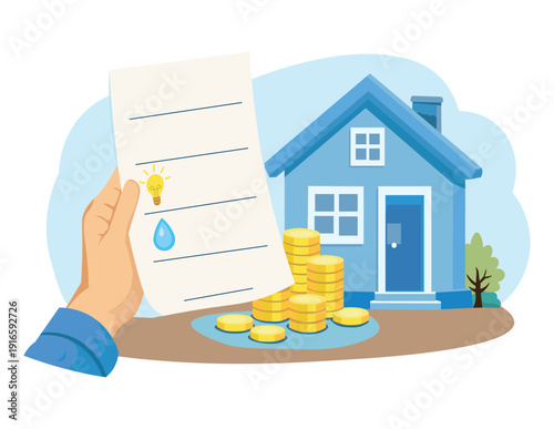 Person Holding Utility Bills Paper with Coins in Front of House – Rent and Monthly Expenses Saving Concept Flat Vector Illustration. Rent and Utility Bills Payment with Home and Savings Coins. 