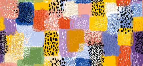 Abstract animal skin pattern with colorful blocks. Seamless collage pattern featuring diverse animal print textures and abstract color blocks