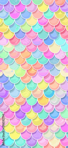 Pastel rainbow mermaid scales seamless pattern background. Cute iridescent texture creating a dreamy fantasy wallpaper for packaging