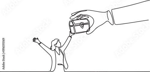 Single continuous line drawing businesswoman was excited to get the treasure chest from the giant hand. Work smarter than ever. The profits obtained are very large. one line Icon drawing