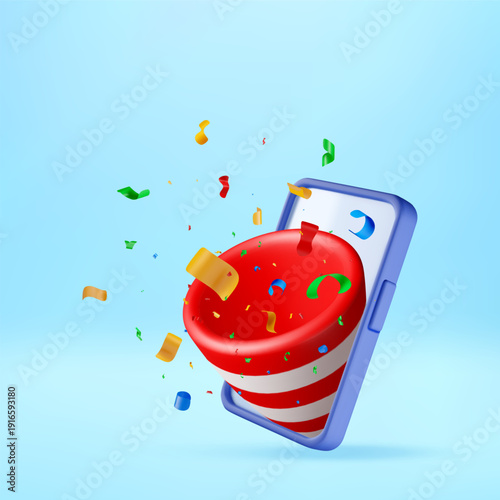 3D Party popper with colorful confetti flying out of mobile phone screen. Online celebration, event, social media marketing concept. Holiday app advertisement. Vector illustration