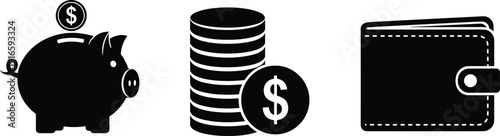Collection of money and savings icons, piggy bank with coin, stack of dollar coins, leather wallet, cad drawing flat vector illustration