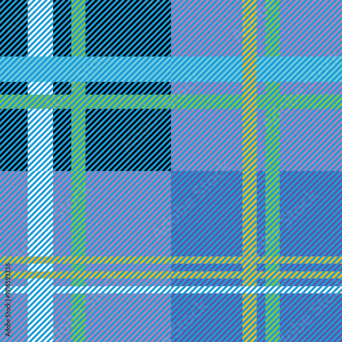 Sophisticated plaid pattern in rich purple and deep navy blue tones, combining classic tartan structure with a modern luxurious aesthetic. The balanced lines and layered color contrasts create a bold 
