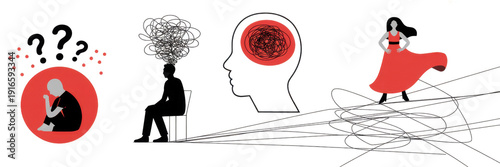 Conceptual collage of 8 business people facing confusion stress and decision pressure. Concept of corporate psychology, workplace anxiety, decision making, and communication visuals. Banner