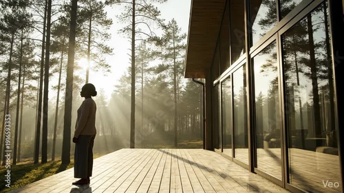Calm cabin walkway with sun rays and silhouette for minimal for ads and web, wide composition with clean copy space,soft natural light and realistic lens behavior,gentle camera movement,calm, for web